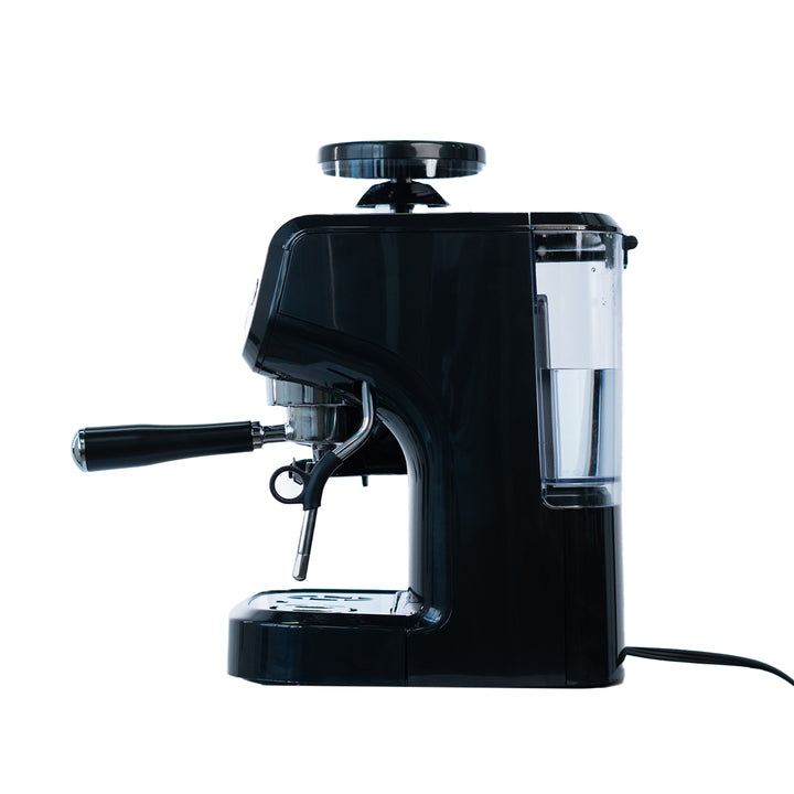 Elegante vista lateral en negro de Coffee Maker CM10 de Aroma Cafetero. Un toque moderno para una experiencia de café excepcional.