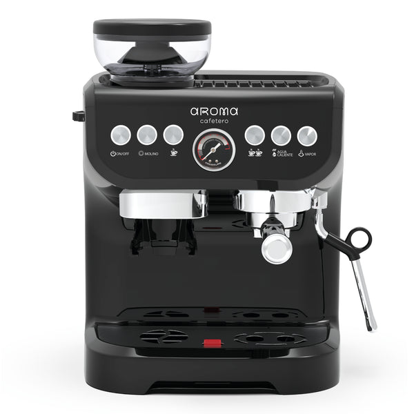 Elegante vista frontal en negro de Coffee Maker CM10 de Aroma Cafetero. Un toque moderno para una experiencia de café excepcional.
